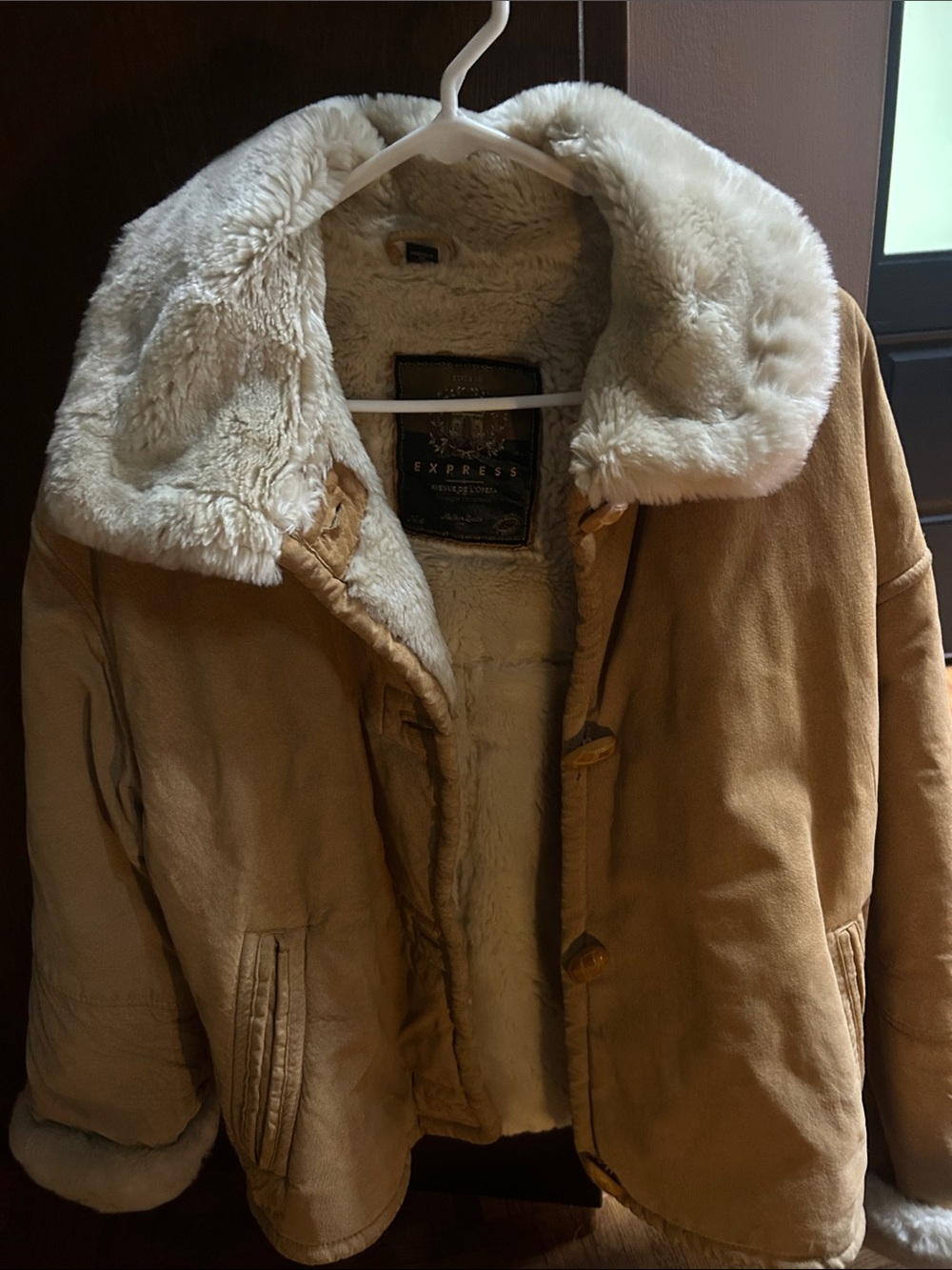 Express Tan Puffer Jacket with Cream Sherpa Collar